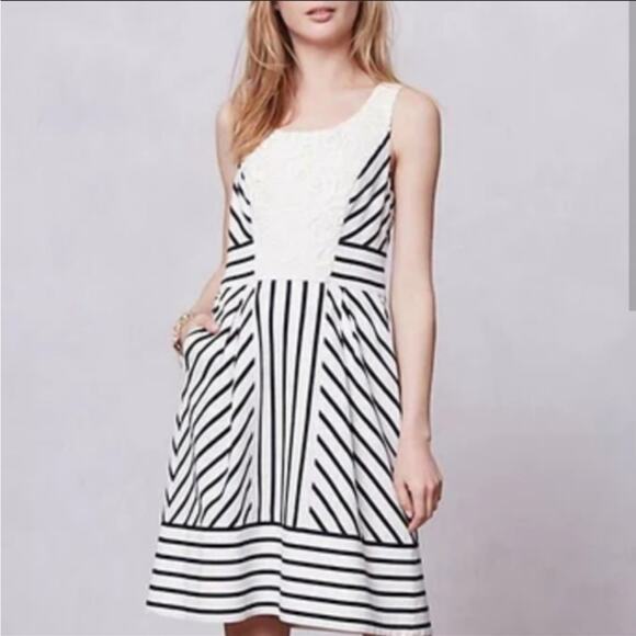 Y2K Anthro Maeve Striped Lace Crochet Chessia Dress 0 Nautical Coquette Femme - Picture 1 of 8